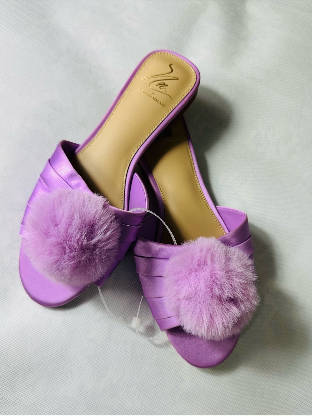 ANTONIO MELANI Lilac Pom-Pom Satin Slide Mules - Picture 5 of 10